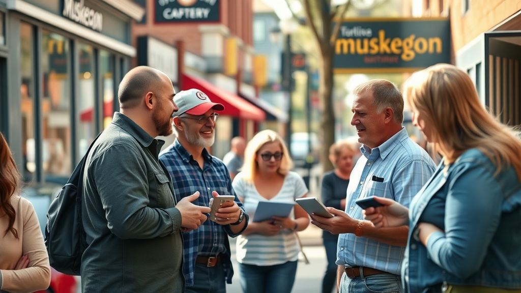 Vibrant Muskegon street scene, business owners interacting with customers, discussing digital marketing strategies, downtown Muskegon landmarks