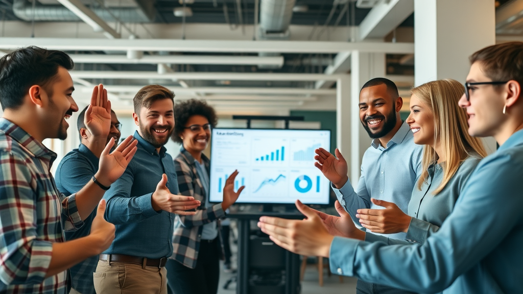Dynamic business meeting in Muskegon, group analyzing digital marketing data with digital displays and marketing strategy graphs