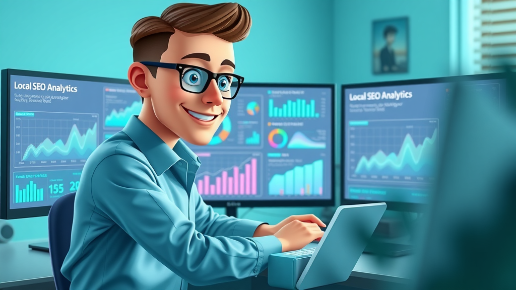 Modern digital marketing workspace with entrepreneur analyzing AI-based marketing insights, local SEO analytics on dual monitors