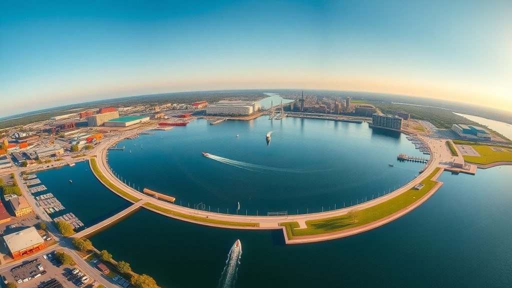 Panoramic view of Muskegon industrial and waterfront zones, thriving businesses, bay and park areas under clear sky