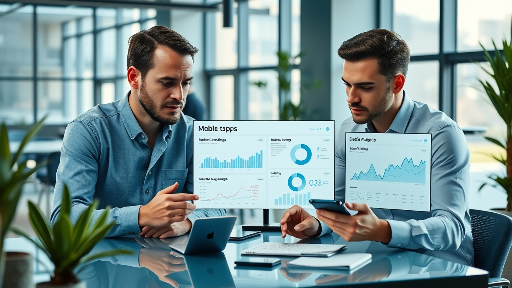 Professional startup founders analyzing mobile app analytics on digital dashboards using smartphones and tablets in Muskegon innovative coworking space