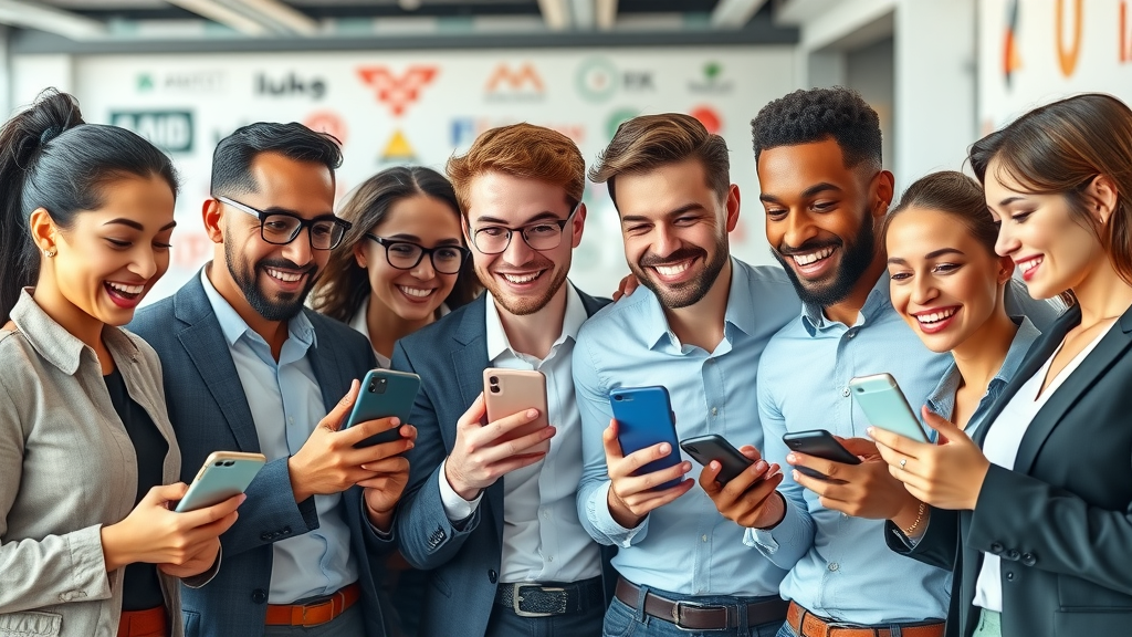 Diverse Muskegon entrepreneurs using top mobile apps together in a vibrant startup office, demonstrating mobile app features with visible app UIs on smartphones