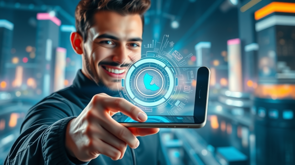 Muskegon mobile app as a virtual hub: futuristic digital portal on smartphone screen with user interacting, illuminated tech cityscape background