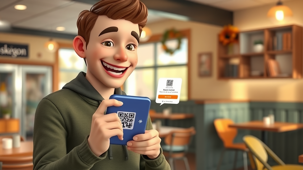 Happy Muskegon customer scanning loyalty rewards QR code with smartphone in a local cafe, using a top startup mobile app