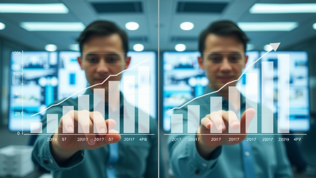 Bar graph showing revenue increase in Muskegon startup before and after launching mobile app, with upward trending lines and glass office backdrop