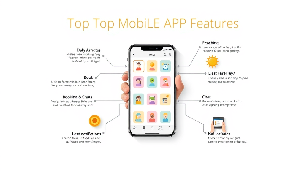 Infographic of must-have mobile app features for Muskegon startups: notifications, loyalty, booking, asset links, user chat