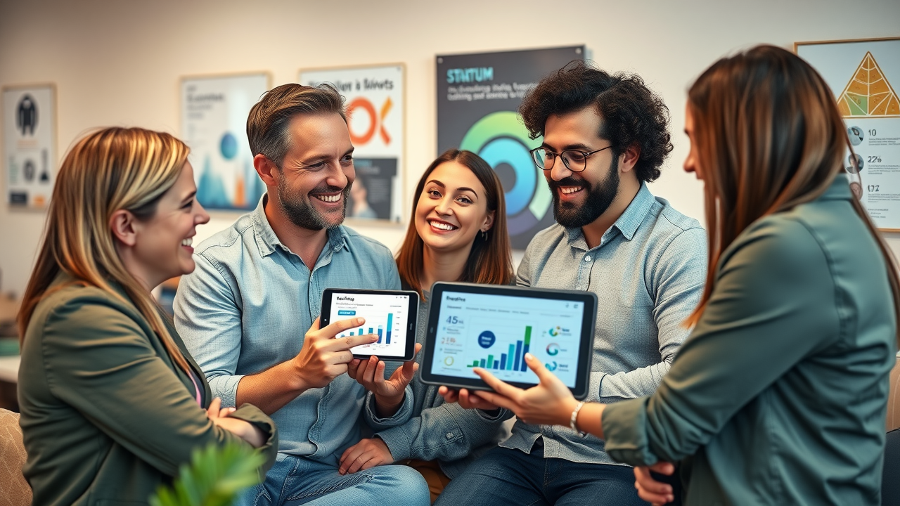 Friendly Muskegon marketing consultant explains mobile app ROI to startup founders in a modern office with app infographics on tablet