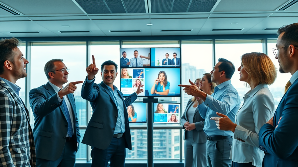 Diverse business professionals reviewing brand videos for multiple industries