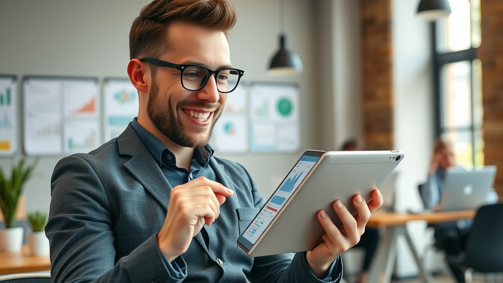 inspiring small business owner reviewing mobile app dashboard on a modern tablet in cozy Muskegon office - mobile app development for small business muskegon
