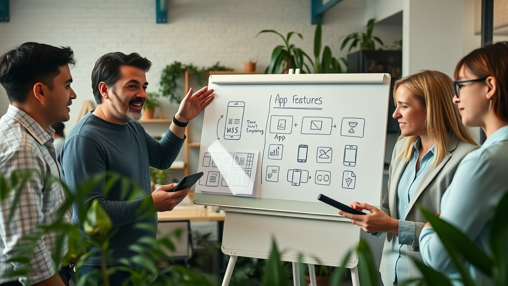 dynamic business team strategizing app features with digital sketches on whiteboard - app development for Muskegon small business