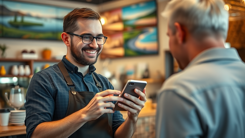 modern coffee shop owner showing custom app on smartphone to pleased customer - small business mobile app Muskegon lakefront