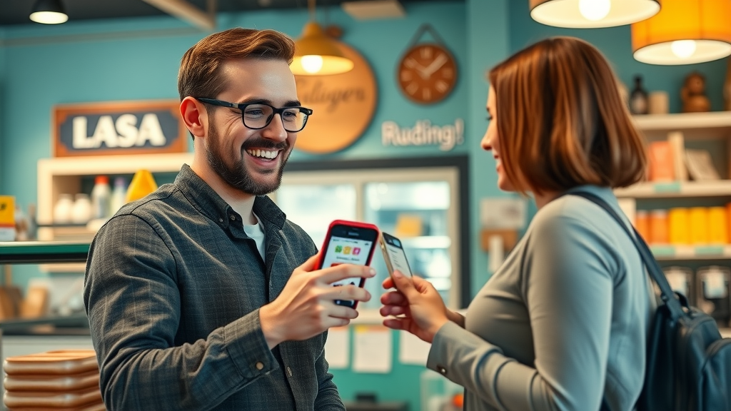 happy returning customer receiving app-based loyalty reward at Muskegon small business store - client retention benefits of business mobile app