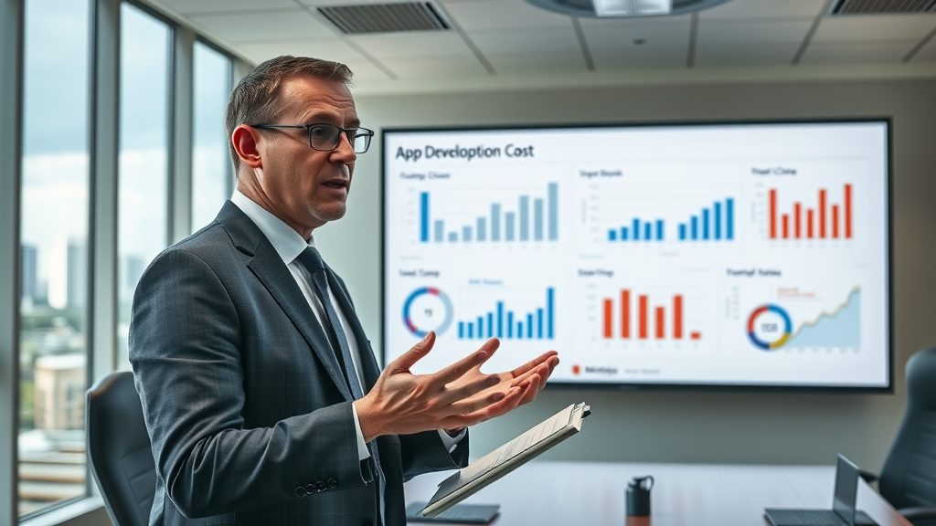 analytical business consultant explaining mobile app development cost breakdown for Muskegon business with charts