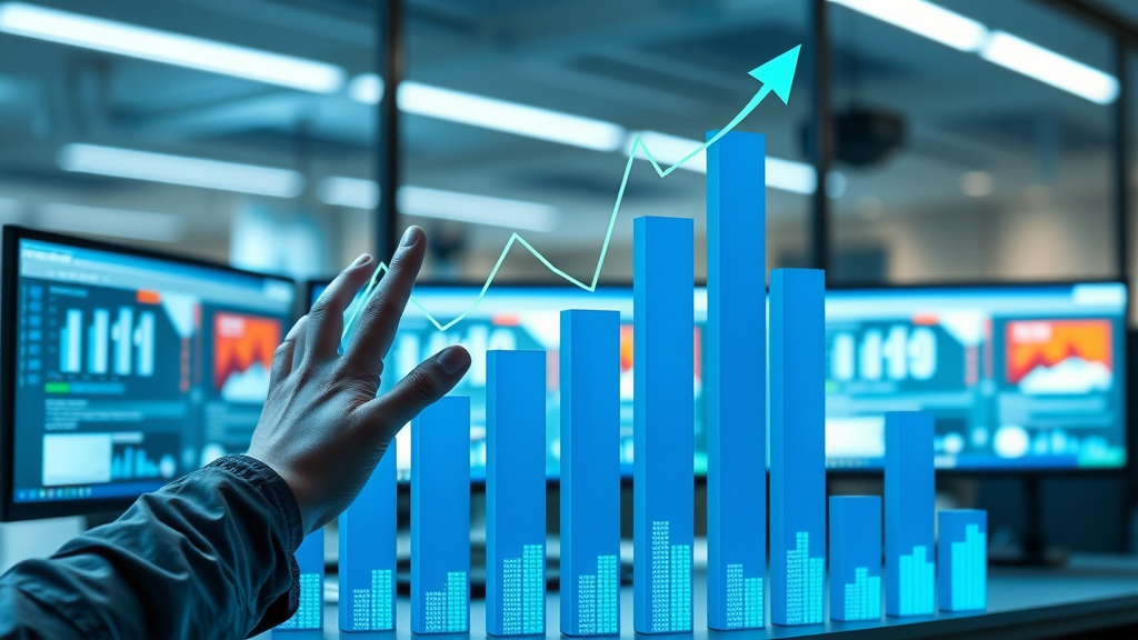 Bar graph of local Muskegon Google Business Profile statistics showing rising engagement for small businesses, with a modern office background.