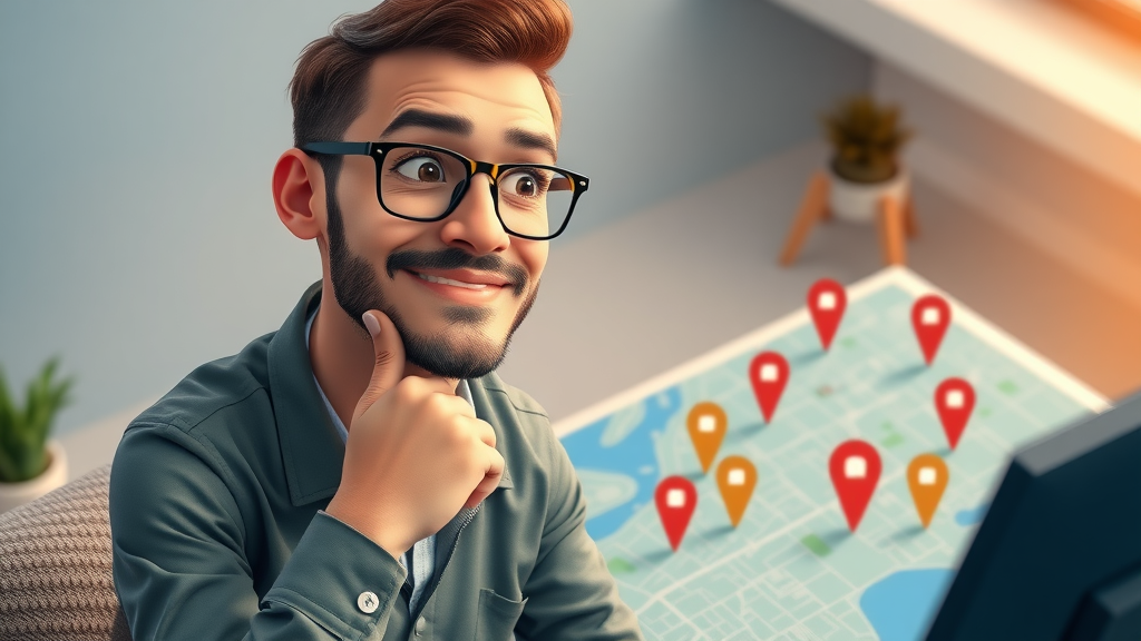 Entrepreneur optimizing Google Maps ranking for a local Muskegon business, with animated map pins showing growth and profitability.
