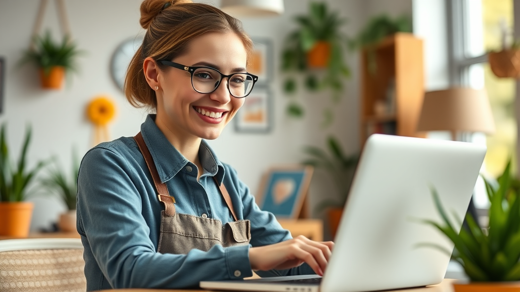 Helpful local Muskegon staff member smiling and responding to Google Business Profile reviews on a laptop in a welcoming office setting.