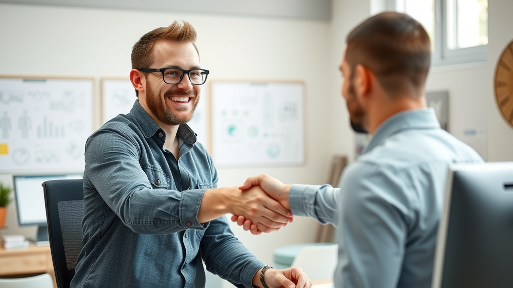 Muskegon entrepreneur shaking hands with web designer after successful cost-effective website launch
