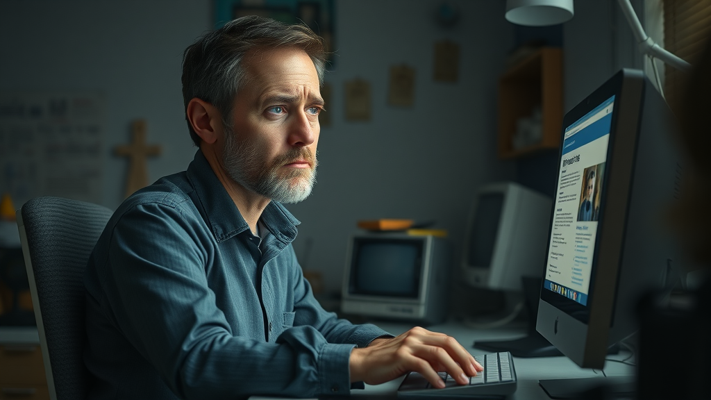 frustrated small business owner reviewing outdated website on slow computer in Muskegon - failing web design impact