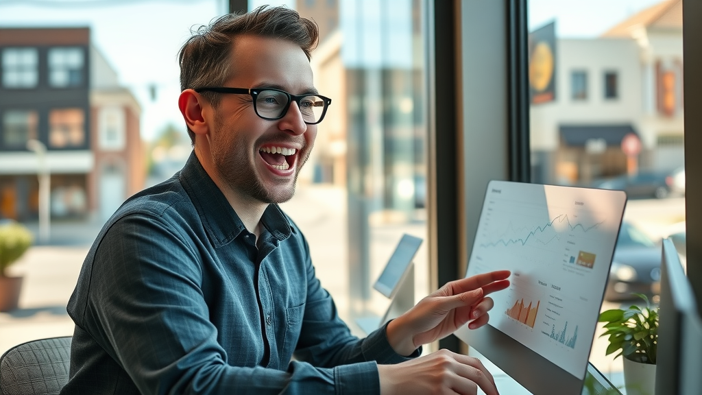 thriving small business owner in Muskegon celebrating website redesign growth dashboard