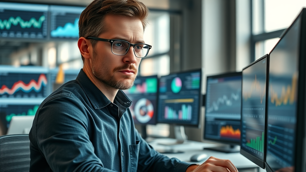 digital marketer analyzing brand storytelling videos performance analytics in a modern office, highly detailed, natural lighting