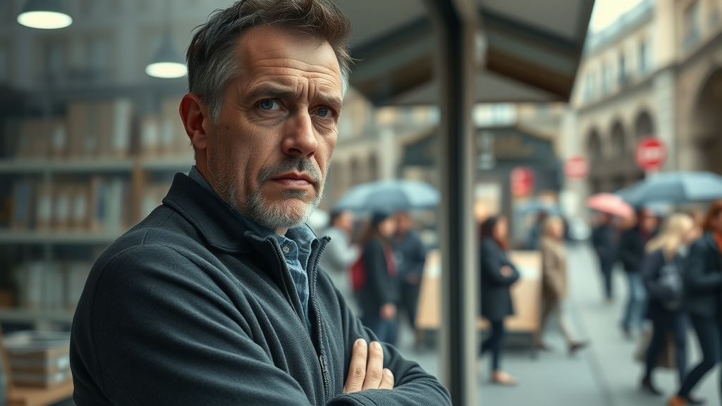 somber small business owner watching an empty shop, highlighting the impact of not using brand storytelling videos, photorealistic, muted tones