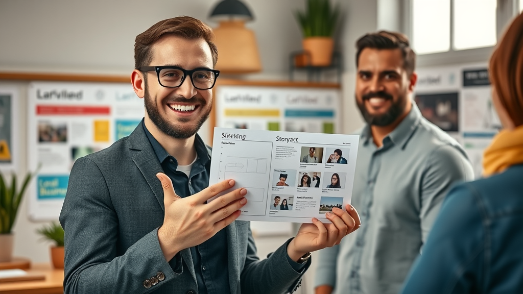 friendly local video marketing consultant presenting a brand storyboard to a business owner, highly detailed