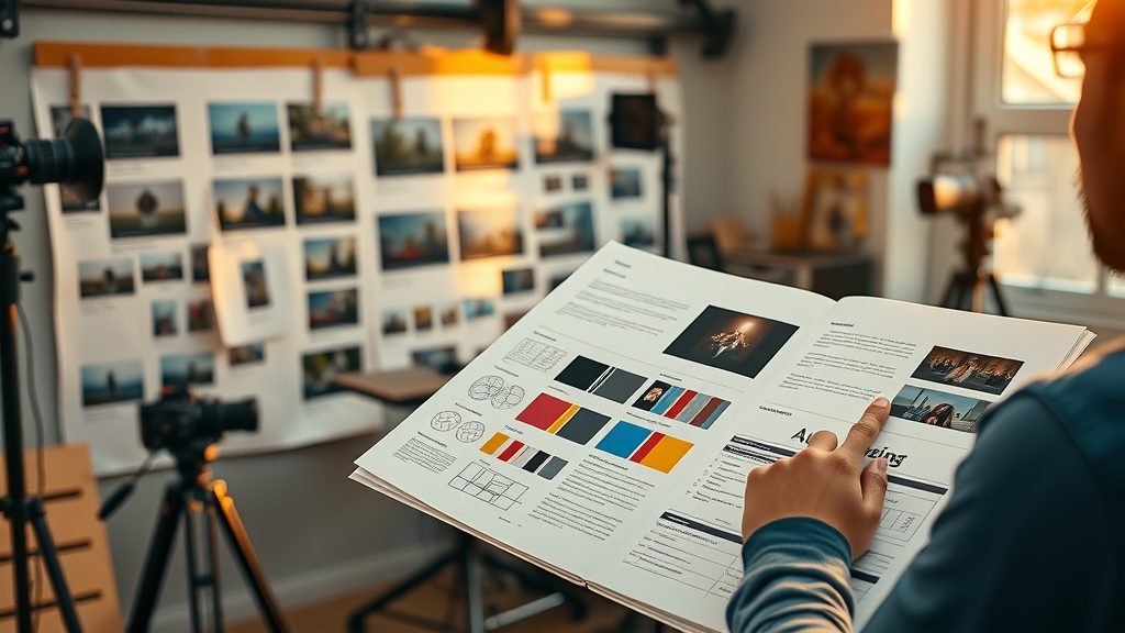 creative filmmaker planning a brand storytelling video storyboard with sketches and color swatches, cinematic studio, afternoon light