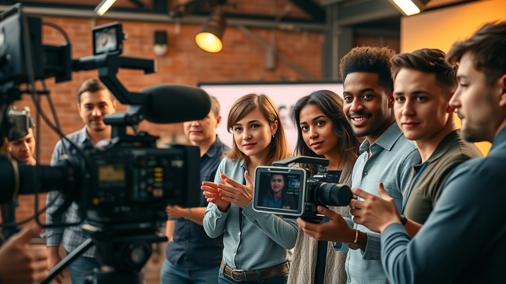 Video production team creating a corporate identity video, branding props, and strong brand awareness