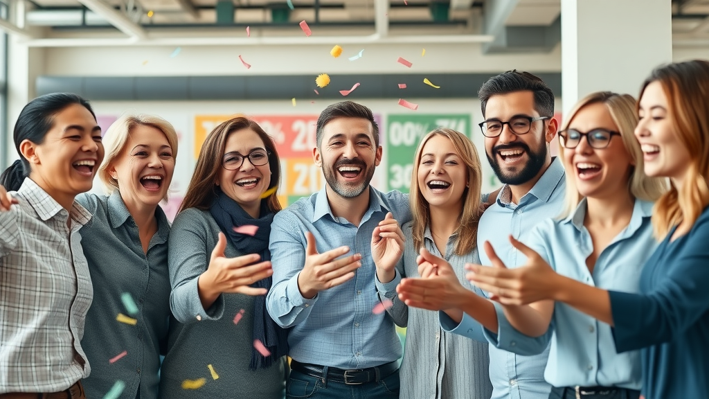 Team celebrating and expressing positive company culture in corporate video content for strong brand awareness