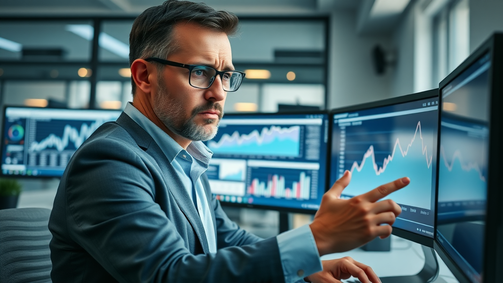 Impactful infographic, worried business owner reviewing web analytics, analyzing declining chart, modern office workspace, SEO techniques 2025