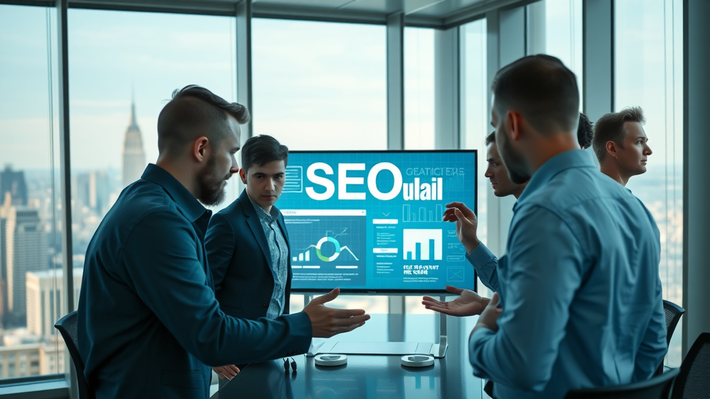 Futuristic search engine interface, team of SEO professionals in strategy session, digital SEO techniques 2025
