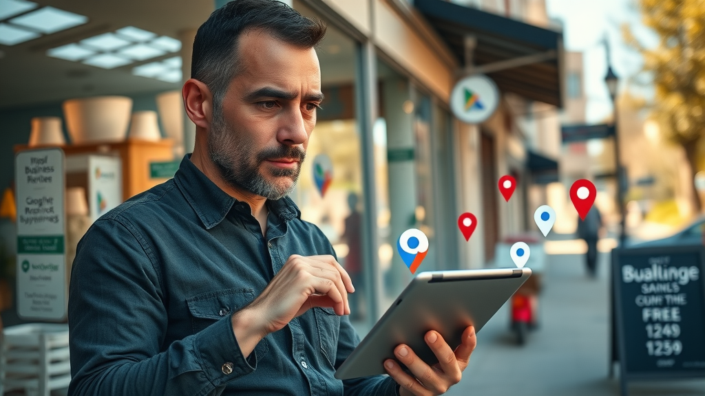 Local business storefront, owner updating Google My Business, optimizing map search for SEO techniques 2025