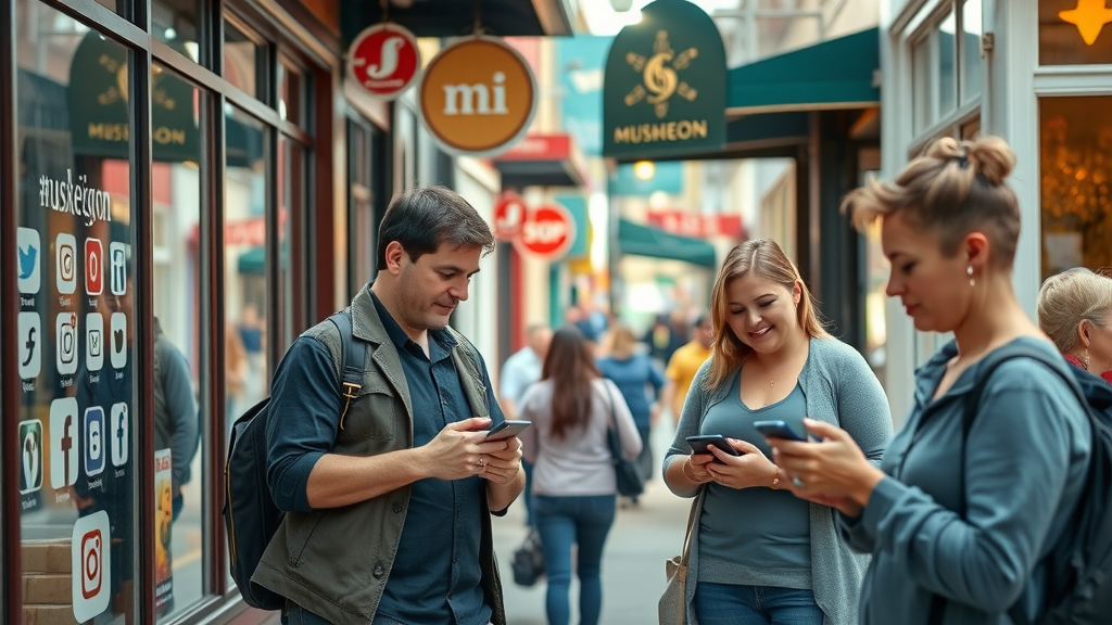 Social media marketing Muskegon: vibrant Muskegon downtown businesses with local business owners engaging with customers and digital devices, bustling street, storefronts subtly showing social media logos
