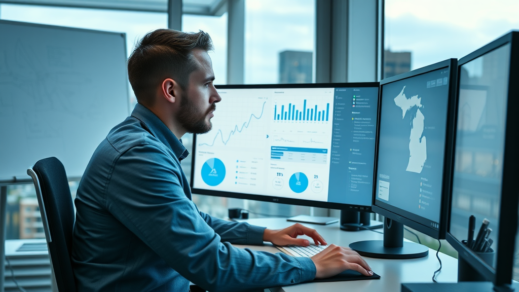 Social media marketing Muskegon: professional marketer analyzing location-based SEO data in a modern Muskegon office, with West Michigan cityscape in the background