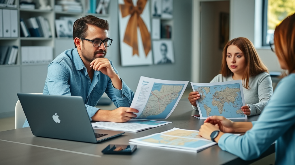 Marketing agency Muskegon: business owner consulting with agency team reviewing proposals; table with laptops, local maps, branding materials, professional atmosphere
