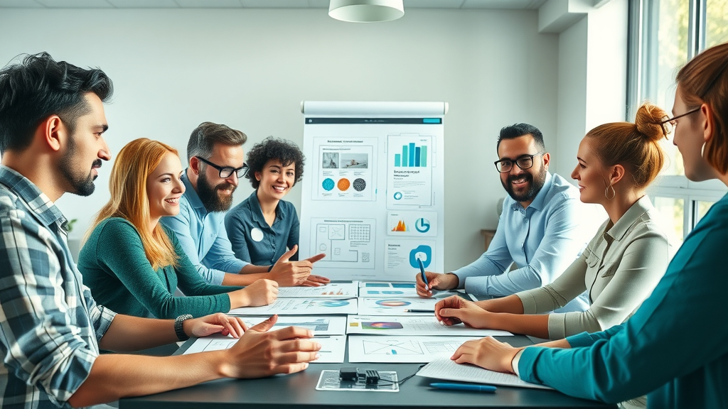 Web design and social media marketing Muskegon: creative team of designers brainstorming site and campaign ideas with colorful sketches and digital mockups in a bright meeting space