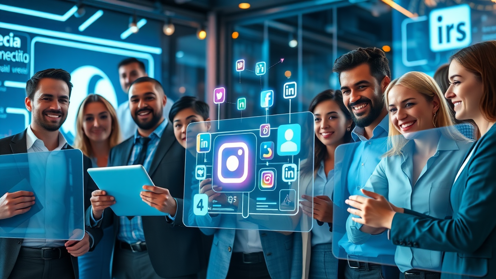 Social media marketing Muskegon: team orchestrating multi-platform campaigns on digital screens, with holographic Facebook, Instagram, and LinkedIn icons, showing innovation and digital connectivity