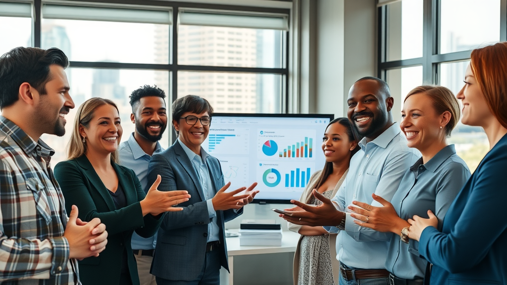 video marketing muskegon diverse business owners collaborating with digital video screens in Muskegon office
