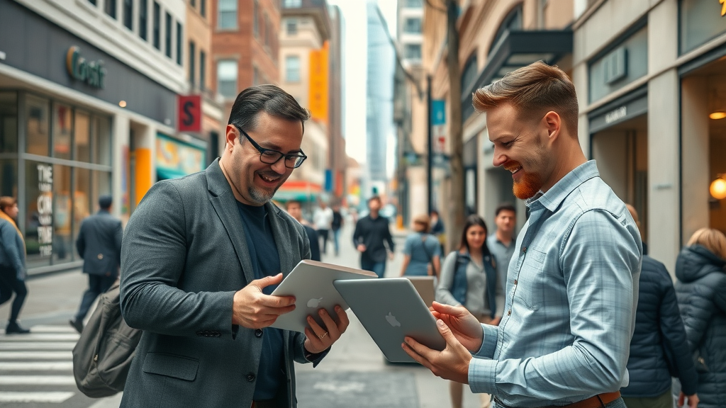 Energetic Muskegon downtown business district with startup founders collaborating on laptops, showcasing the importance of responsive web design for startups in Muskegon in an urban, vibrant setting.
