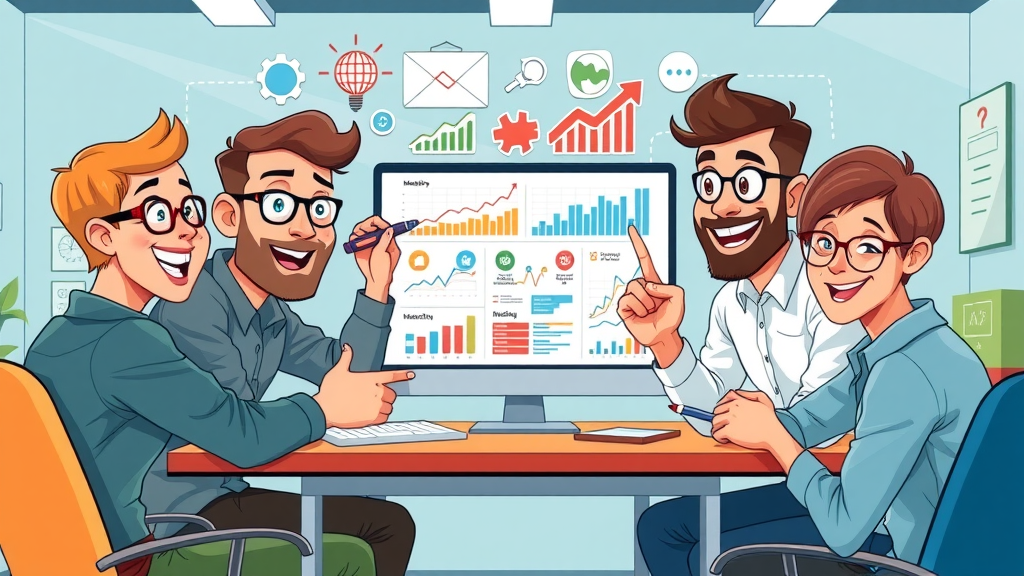 Enthusiastic digital marketing team brainstorming web design, SEO, and social media strategies for Muskegon startups, surrounded by vibrant infographics and growth charts.