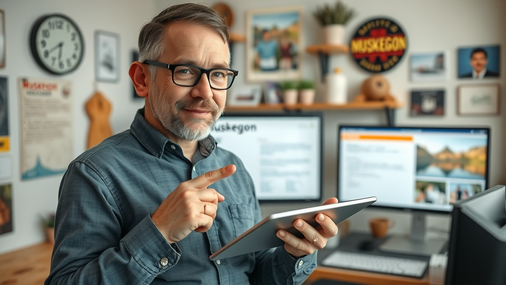 Knowledgeable local Muskegon web consultant pointing at interactive FAQ on tablet, advising on responsive web design and website development for startups.