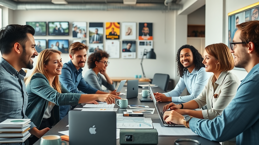 Dynamic team brainstorming branding video campaign with video editing screens and storyboards, branding video strategies