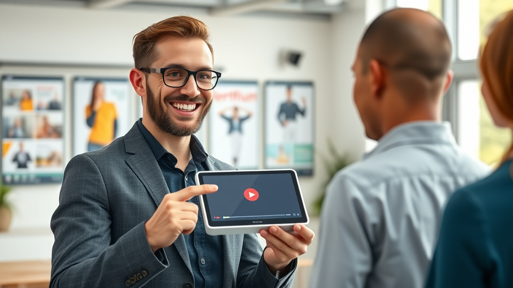 Marketing expert discussing branding video strategy solutions for business clients