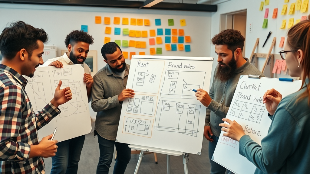 Creative team planning and storyboarding branding video strategies for small businesses