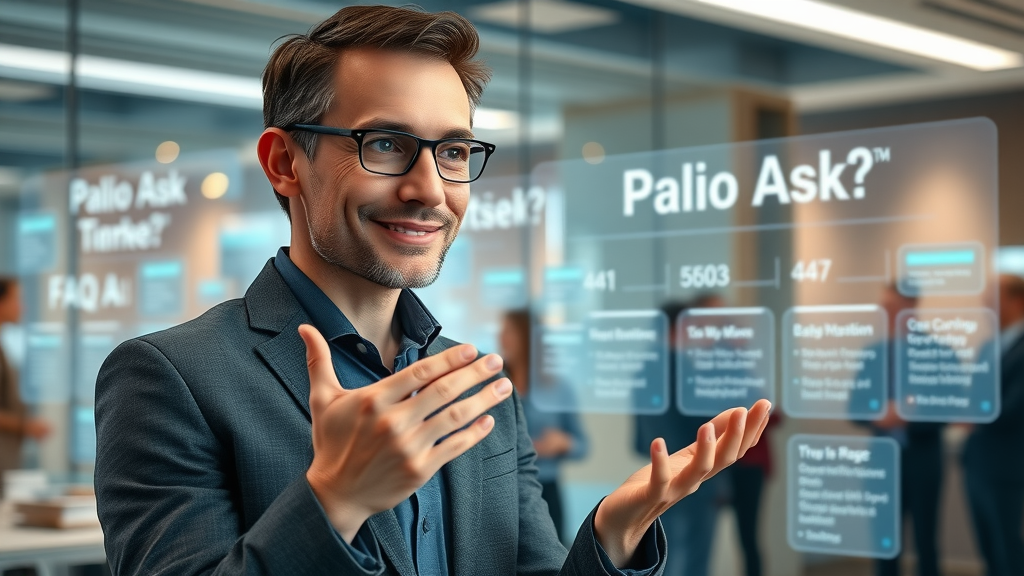 Marketing professional answering branding video strategies FAQs on digital screen