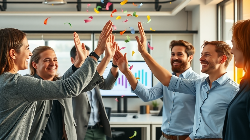 Small business team celebrating branding video campaign success and big wins