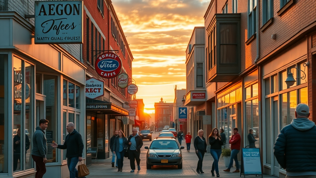 Vibrant downtown Muskegon street at sunset with bustling small business storefronts and energetic owners greeting customers, showcasing small business web design Muskegon