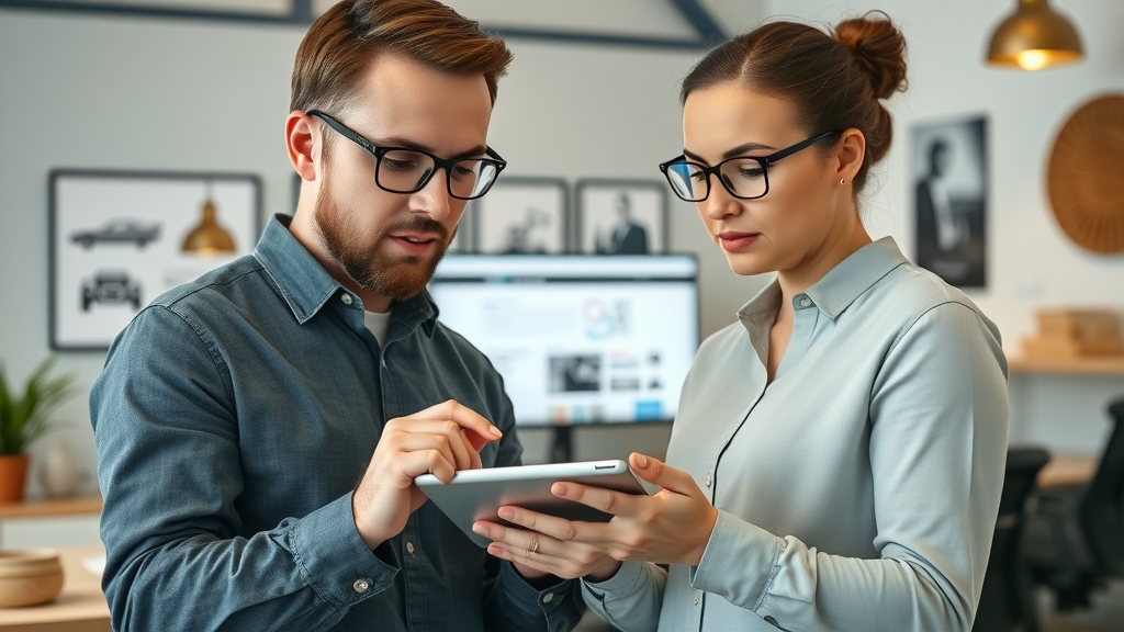 Professional web designer collaborating with a Muskegon business owner, reviewing website wireframes and discussing small business web design Muskegon improvements