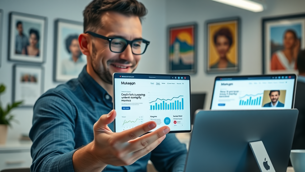 Sleek modern small business website displayed on multiple devices with a satisfied Muskegon business owner, highlighting the value of Muskegon web design