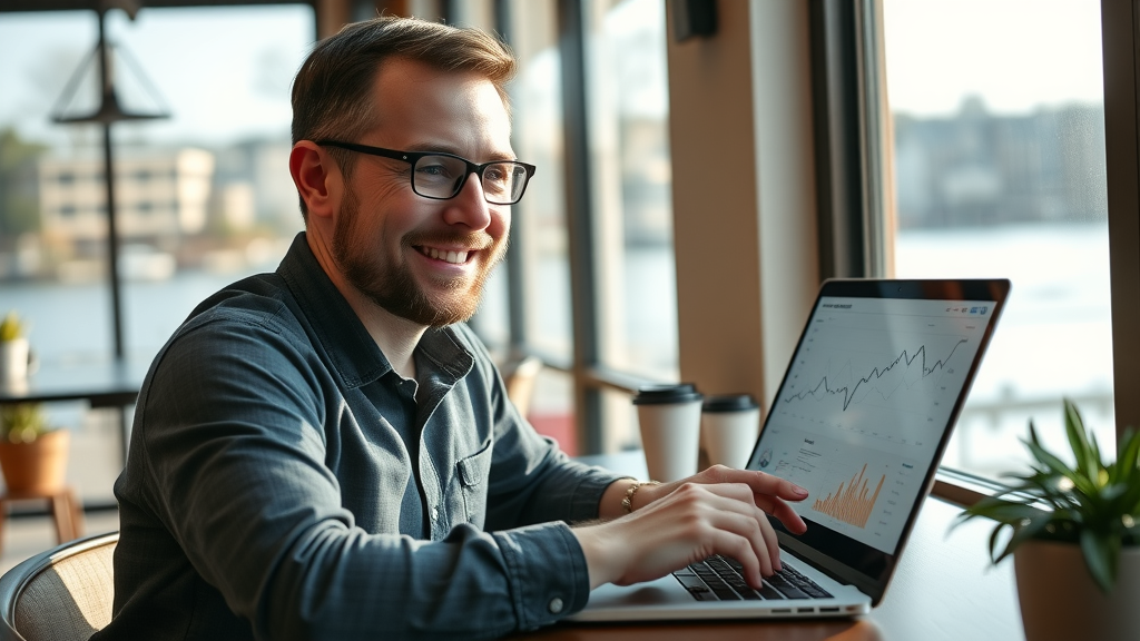 Smiling Muskegon entrepreneur checking analytics dashboard on a laptop, showing increased sales and leads after upgrading small business web design Muskegon